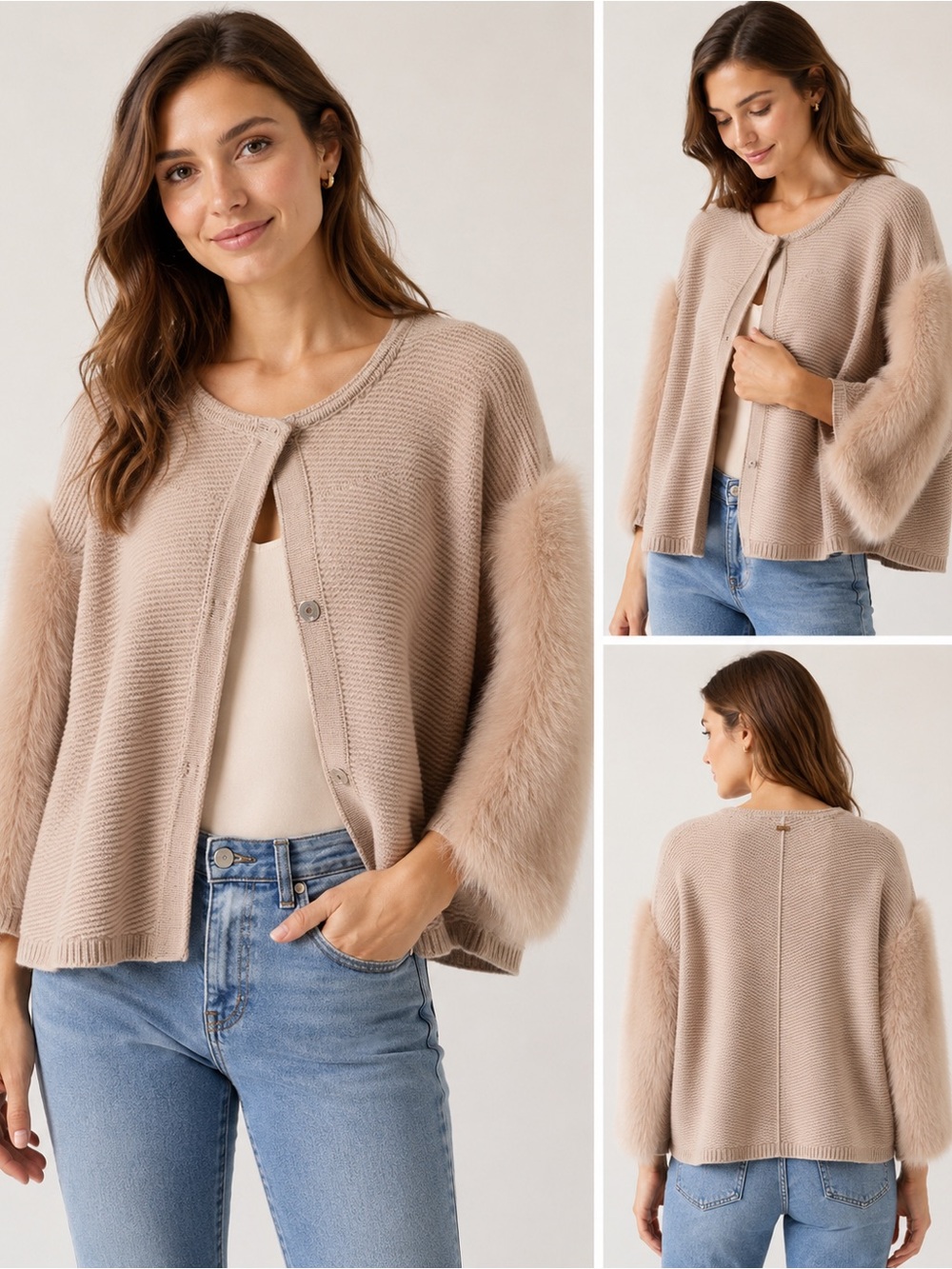 Escada Sport Cashmere Wool Cardigan with Lamb Fur Sleeves L Italy